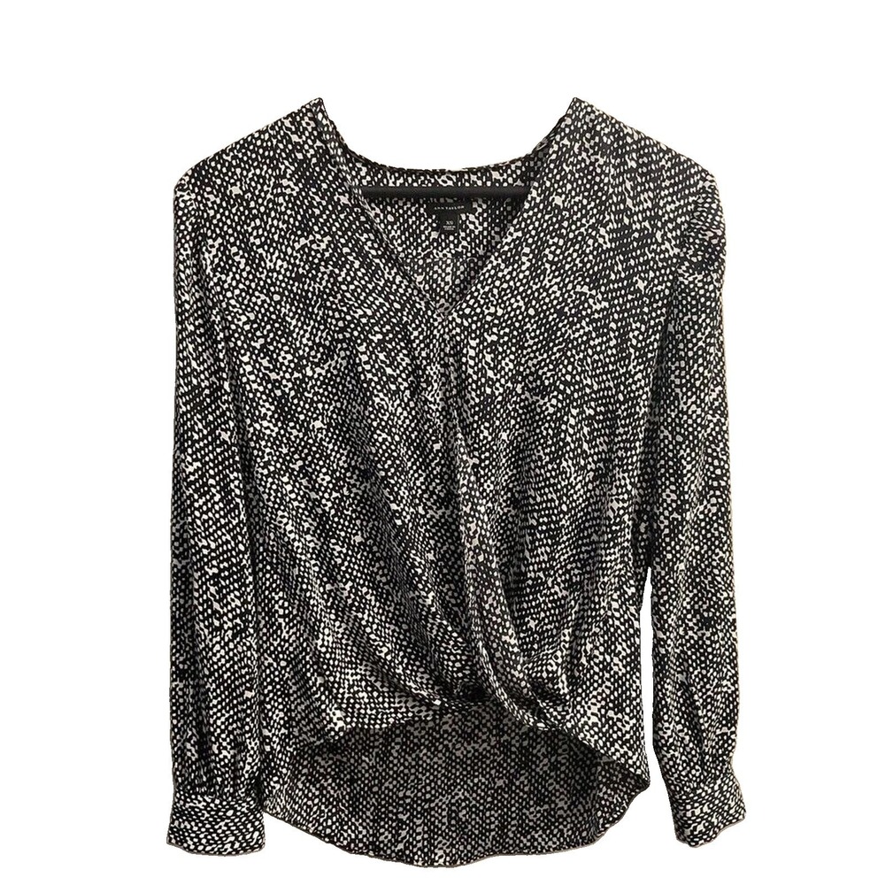 Ann Taylor XS Women Beige Black Animal Print Long Sleeve Faux Wrap Blouse‎ E